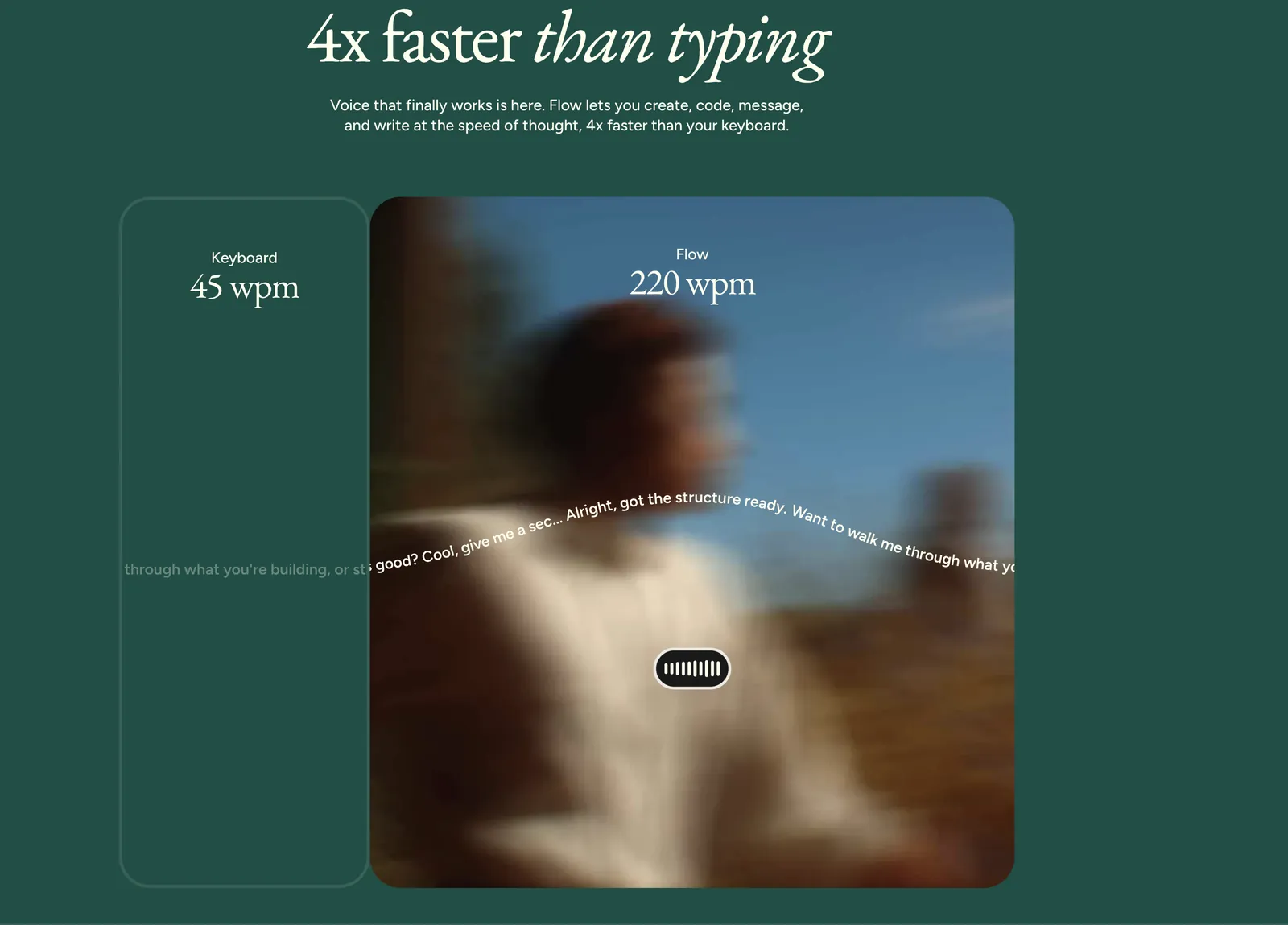 Speed claim from the Wispr Flow website: keyboard 45 words per minute versus Flow 220 words per minute