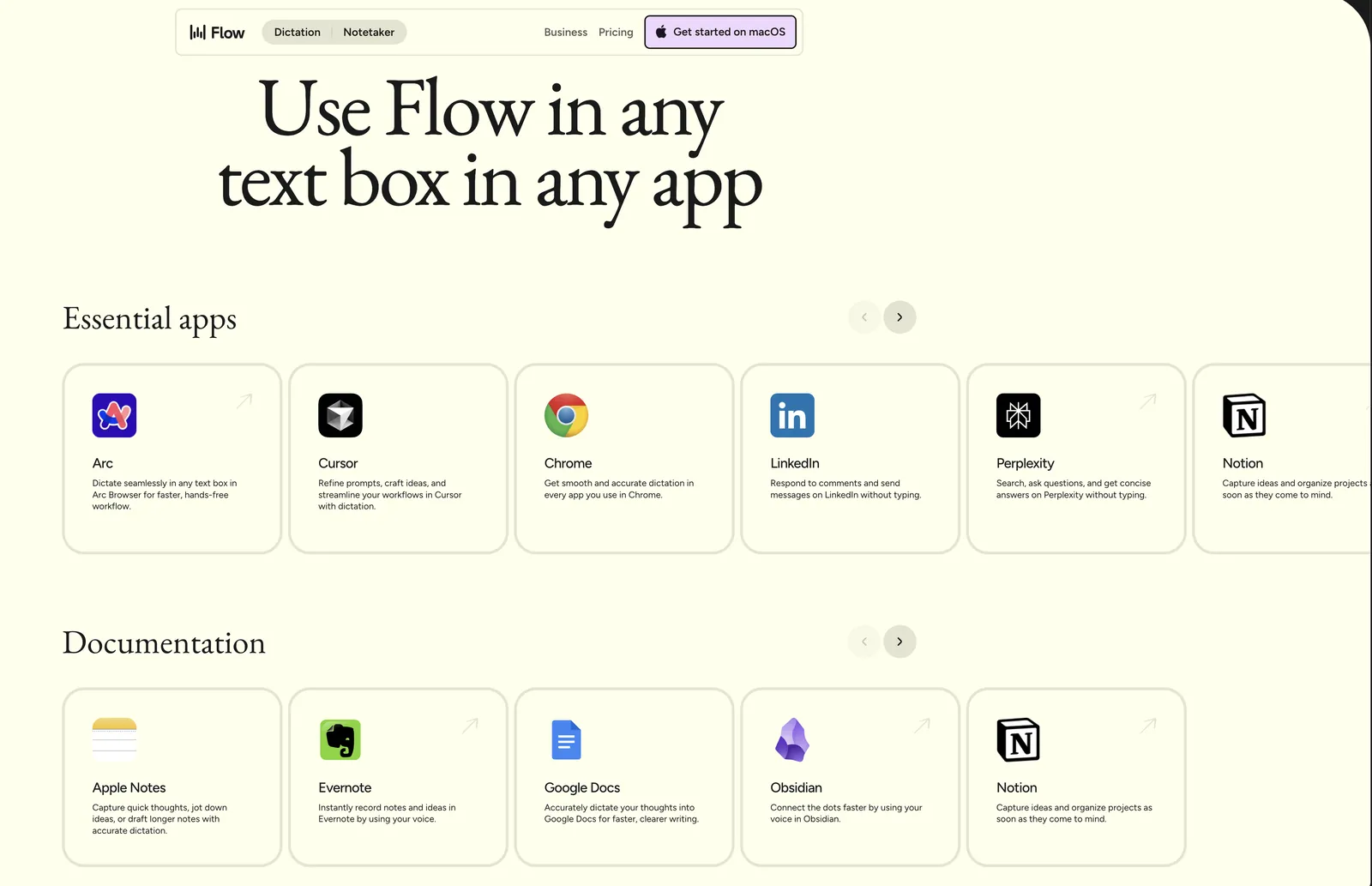 App overview from the Wispr Flow website: Arc, Cursor, Chrome, LinkedIn, Perplexity, Notion, Apple Notes, Evernote, Google Docs and Obsidian